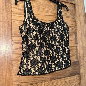 Black Lace Vintage Overlay Beaded Tank Top with Nude Underlay
